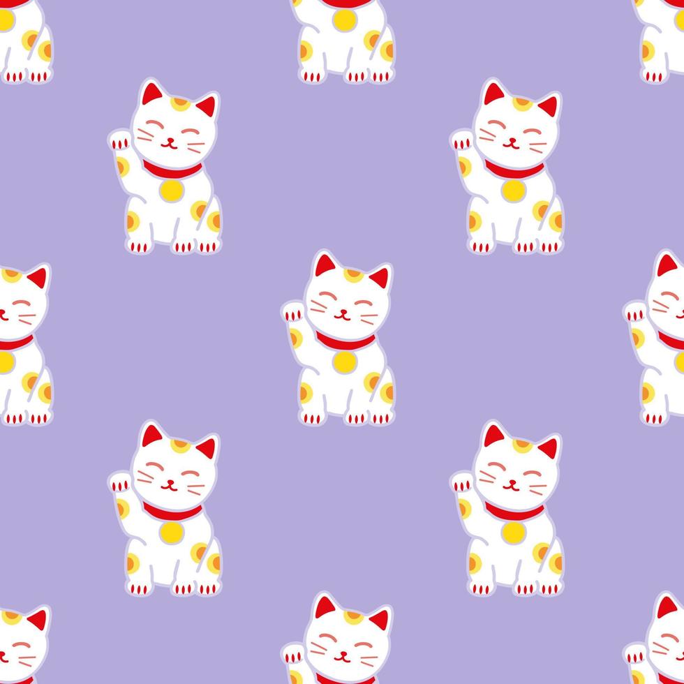 Maneki Neko Welcoming Cat Seamless pattern. Symbol of good luck, fortune and prosperity. Doodle style vector illustration of Japanese cat