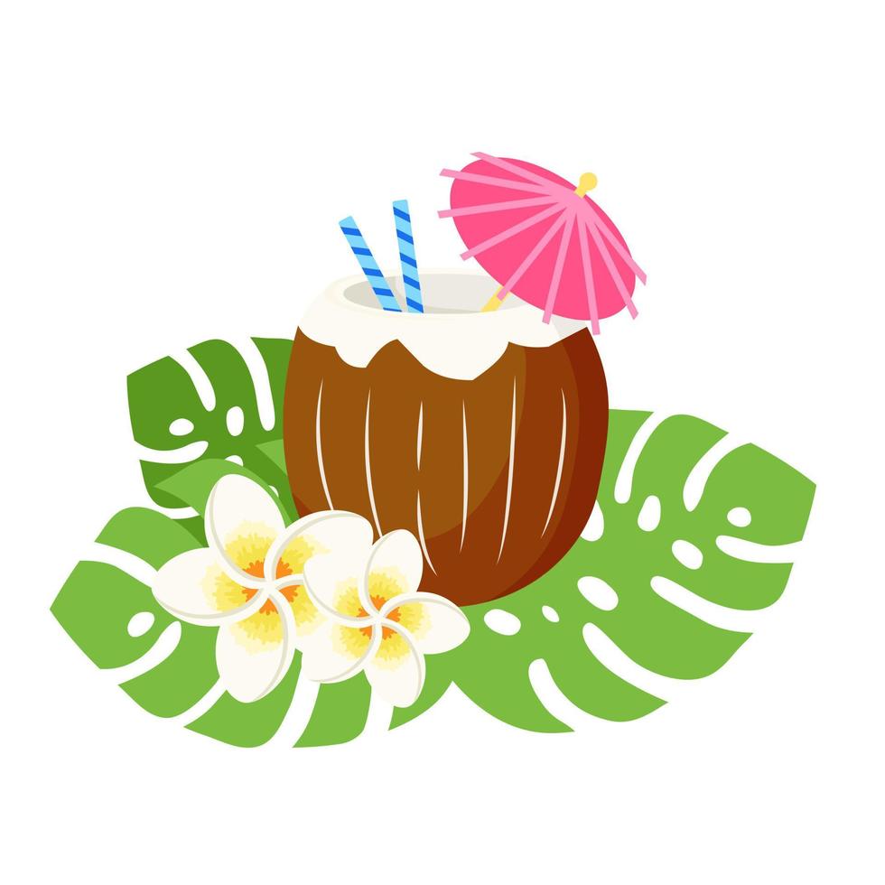 Coconut cocktail with paper umbrella and drinking straws. Exotic tropical drink, summer paradise. Isolated vector illustration