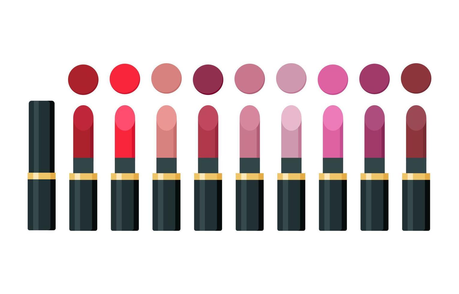 Lipstick and swatches set on white background. Isolated vector illustration, trendy palette of 2022