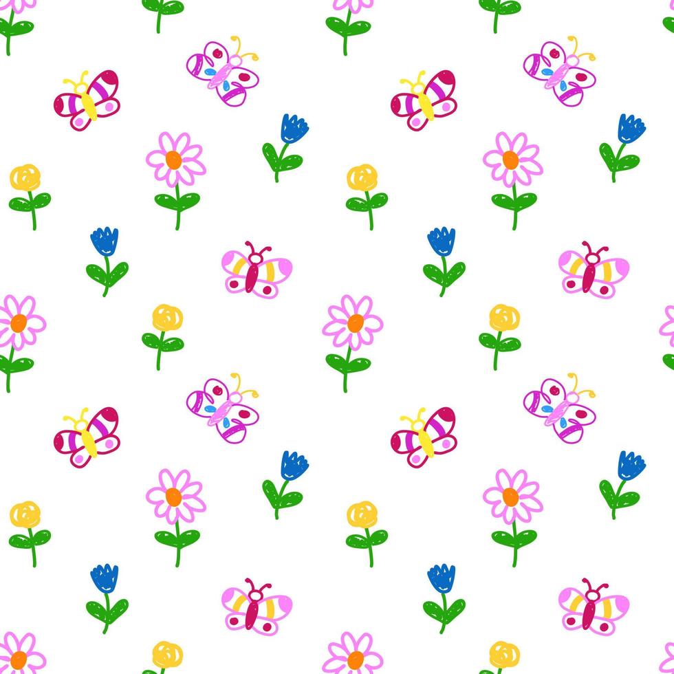 Butterflies and flowers seamless pattern. Children drawing elements background vector