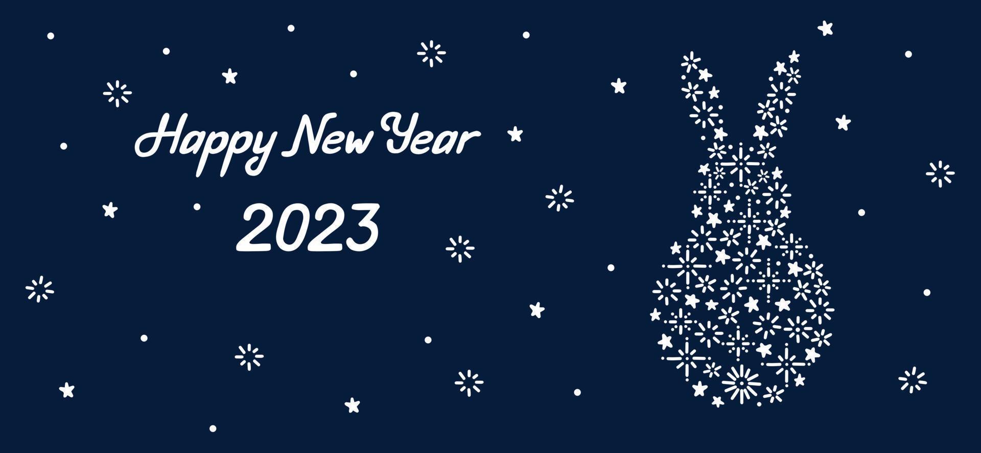 New Year 2023 Greeting Card with Rabbit Silhouette. Snowflakes and Stars Hare Shape Hand Drawn Doodle Background. Winter banner template for web and print vector