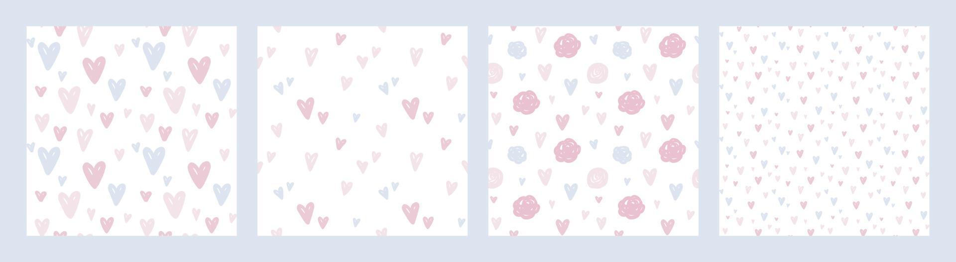Set of Pastel Hearts Seamless Vector Patterns in Romantic Style. Background for nursery room, for kids apparel, wrapping paper, Valentine's Day, Mother's Day, wedding, scrapbooking