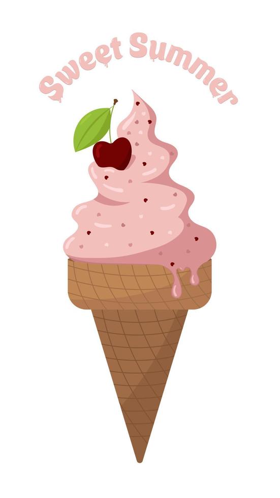 Yummy Cherry Ice Cream. Summer Vector Banner Sweet Summer. Perfect for Social Media, Banners, Printed Materials etc.