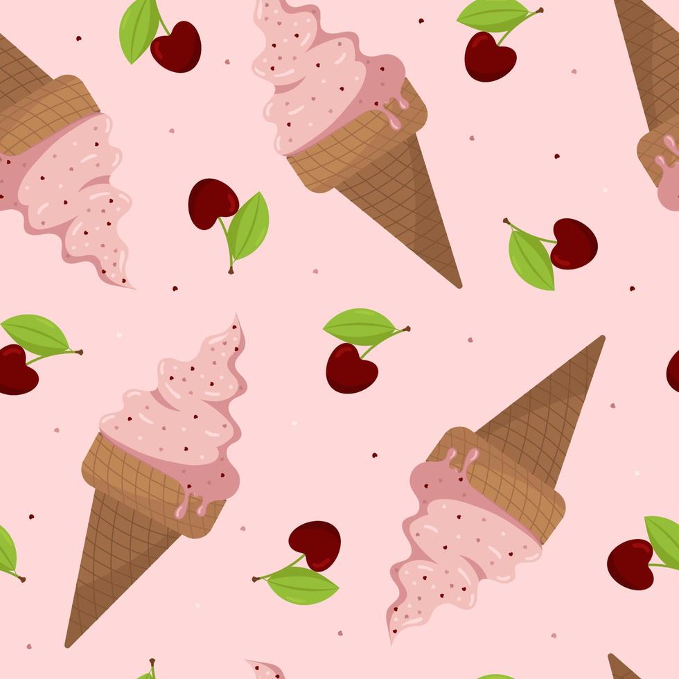 Sweet Summer Seamless Pattern With Melted Ice Cream and Juicy Cherries. Perfect for Textile, Wrapping paper, etc. vector