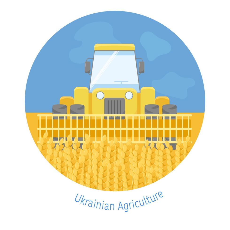 Combine in The Golden Wheat Field. Harvester on the Blue Yellow the Colors of Ukrainian Flag Background vector