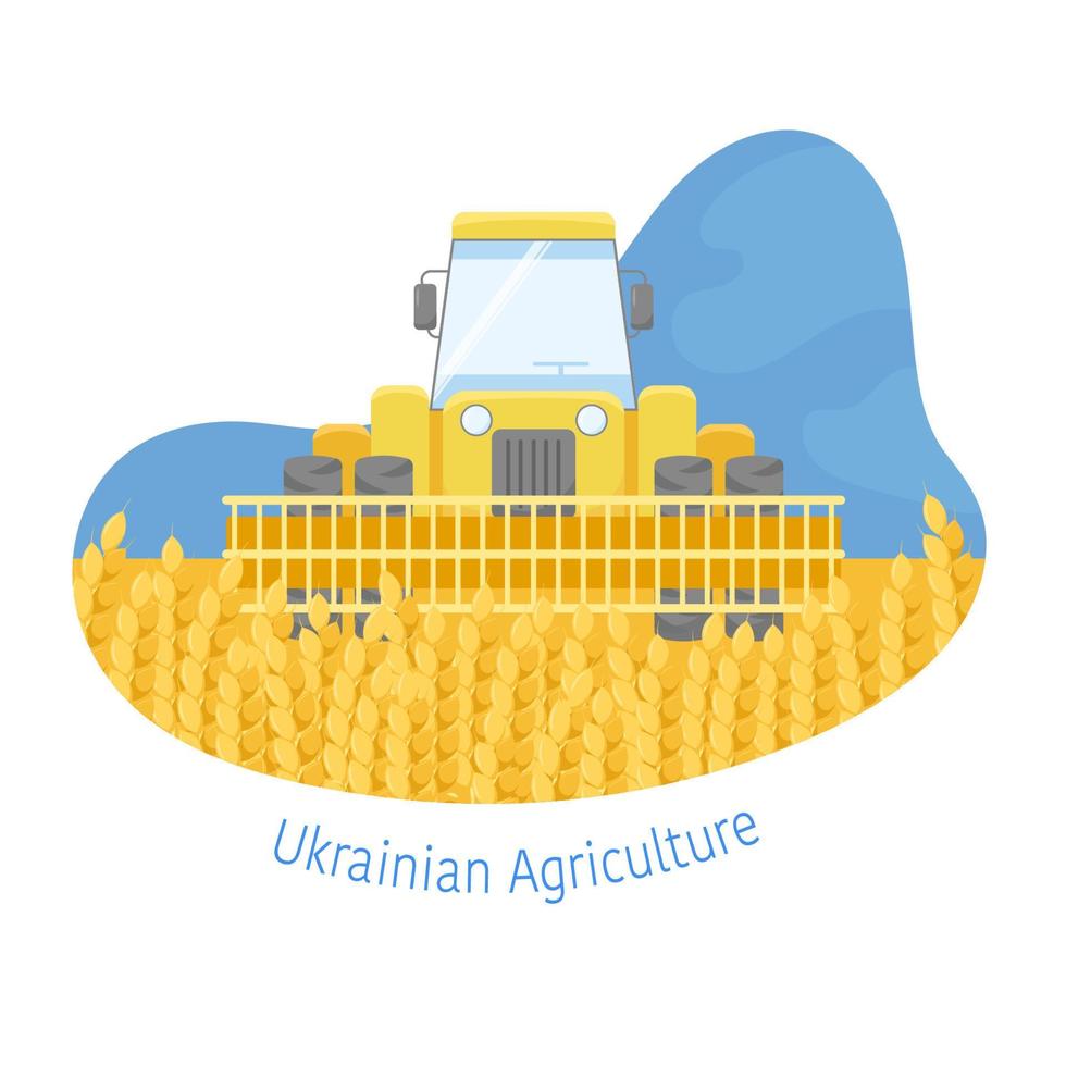 Abstract Shape With The Harvester in The Wheat Field on The Blue Sky Background. Vector Illustration in Colors of The Flag of Ukraine