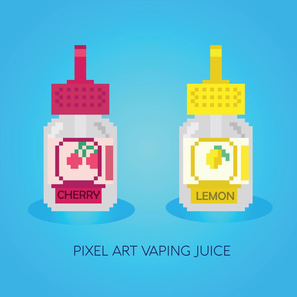 Sabores de e-líquido de píxeles. jugo de vape pixelart o signos de jugo de vape. conjunto de e-líquido para vaporizador, botella de píxeles con sabor a fruta vector