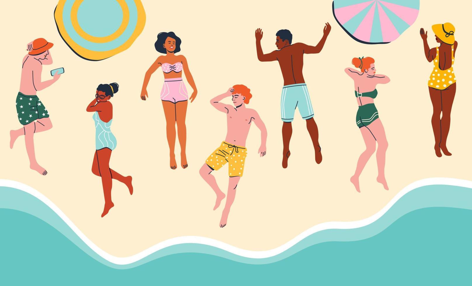 Men and women relaxing on a beach, sunbathing. People lying on the send, top view. vector