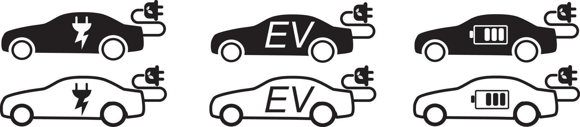 Eco-friendly car vector icon set with charging plug for electric and EV cars