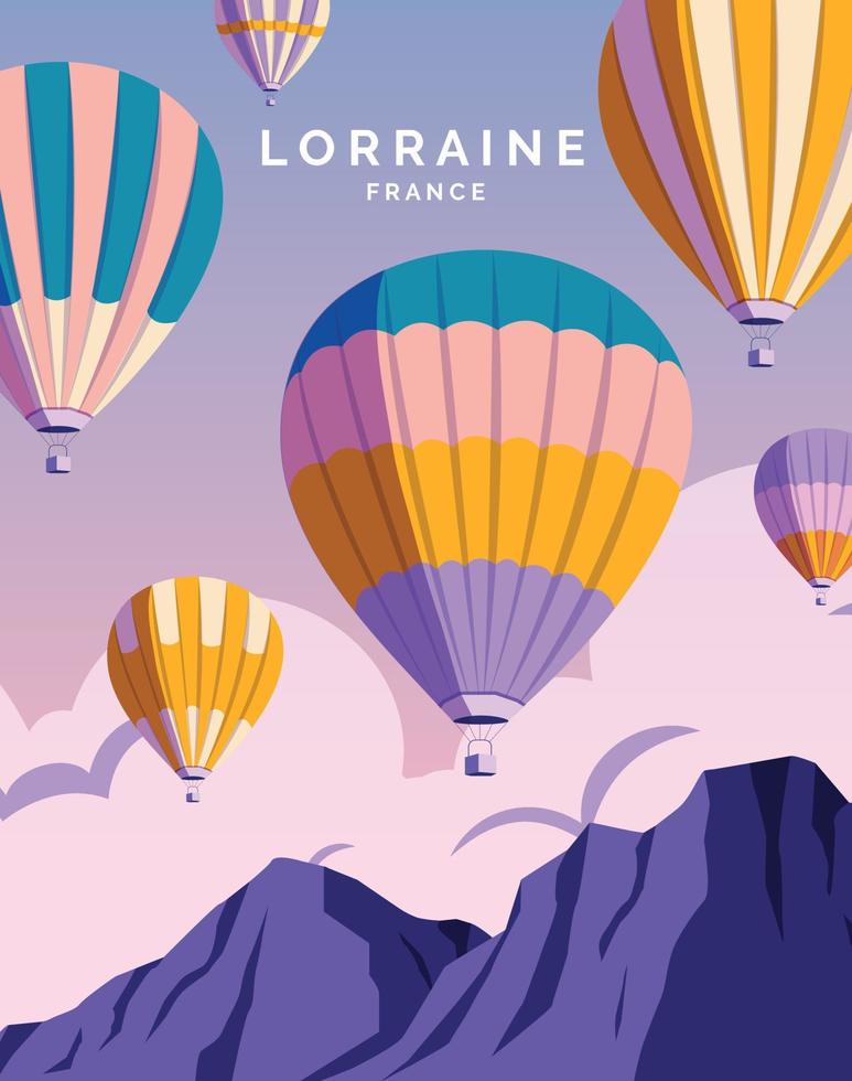 festival de globos aerostáticos en lorena francia. fondo de ilustración de paisaje de viaje para póster, postal, impresión de arte vector