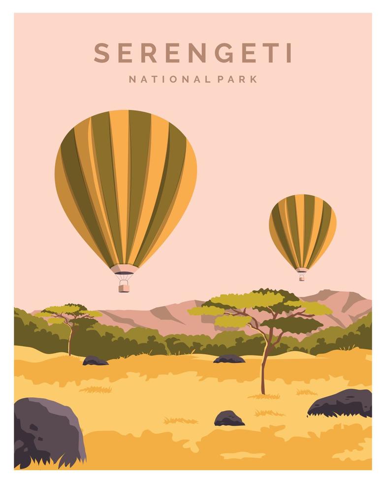 el parque nacional serengeti. naturaleza de tanzania con safari en globo aerostático. fondo de ilustración vectorial para póster, postal, impresión de arte. vector