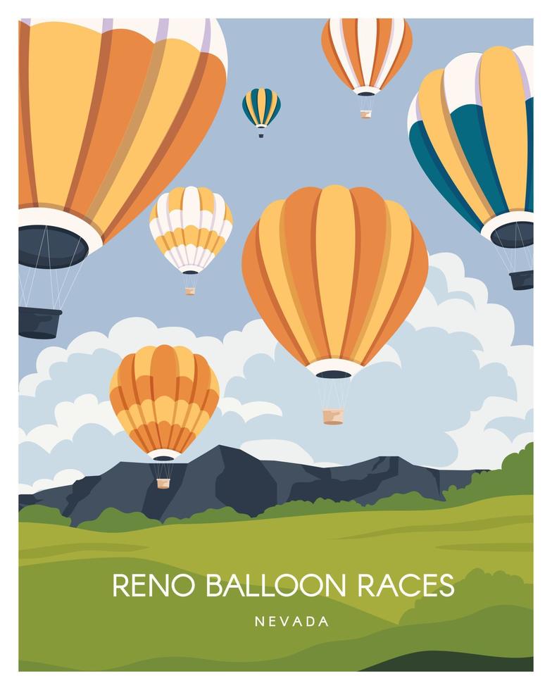 Reno balloon race illustration background, travel to nevada. vector landscape for poster, postcard, art print.