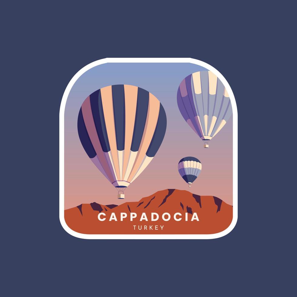 Hot air balloons in Cappadocia Turkey landscape emblem badges patch vector illustration.