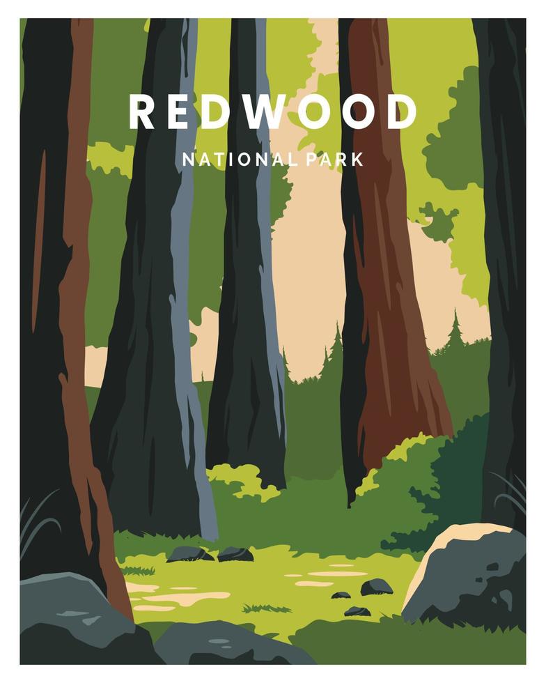 Redwoods National park in California poster illustration design. World's tallest trees. vector