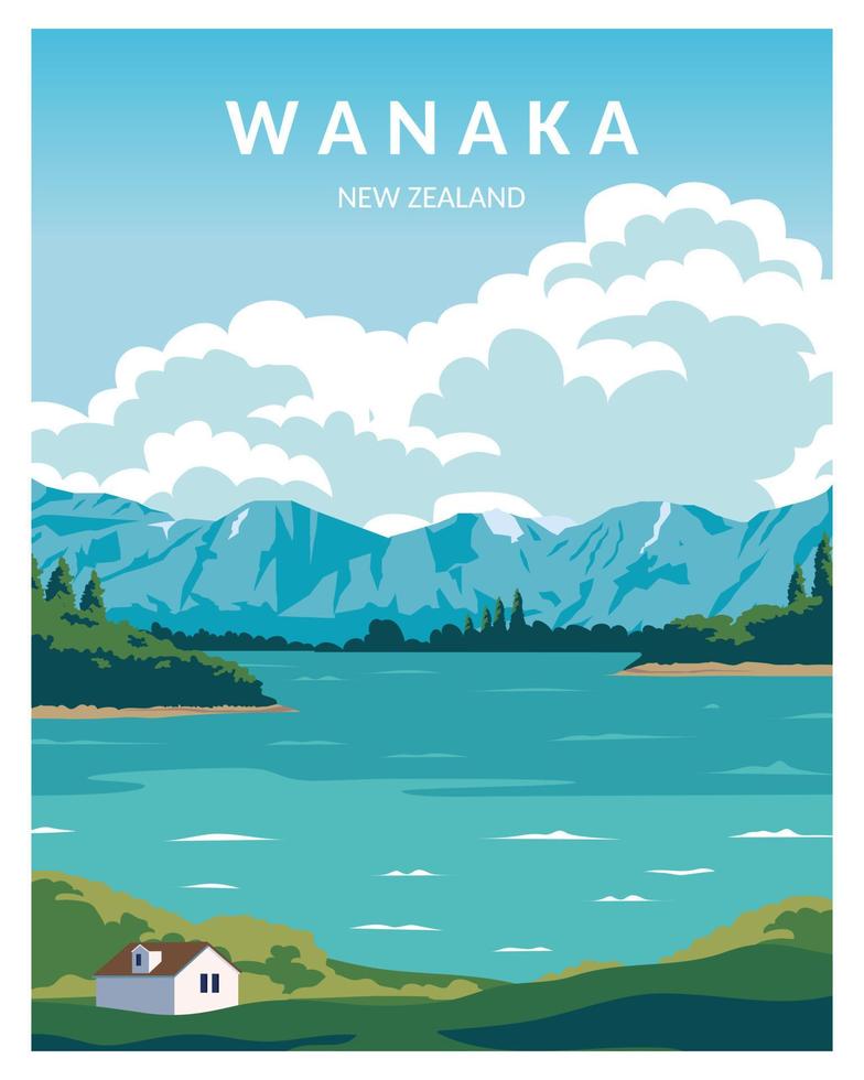 Lake Wanaka New Zealand illustration background. vector with minimalist style for poster, postcard, art print.