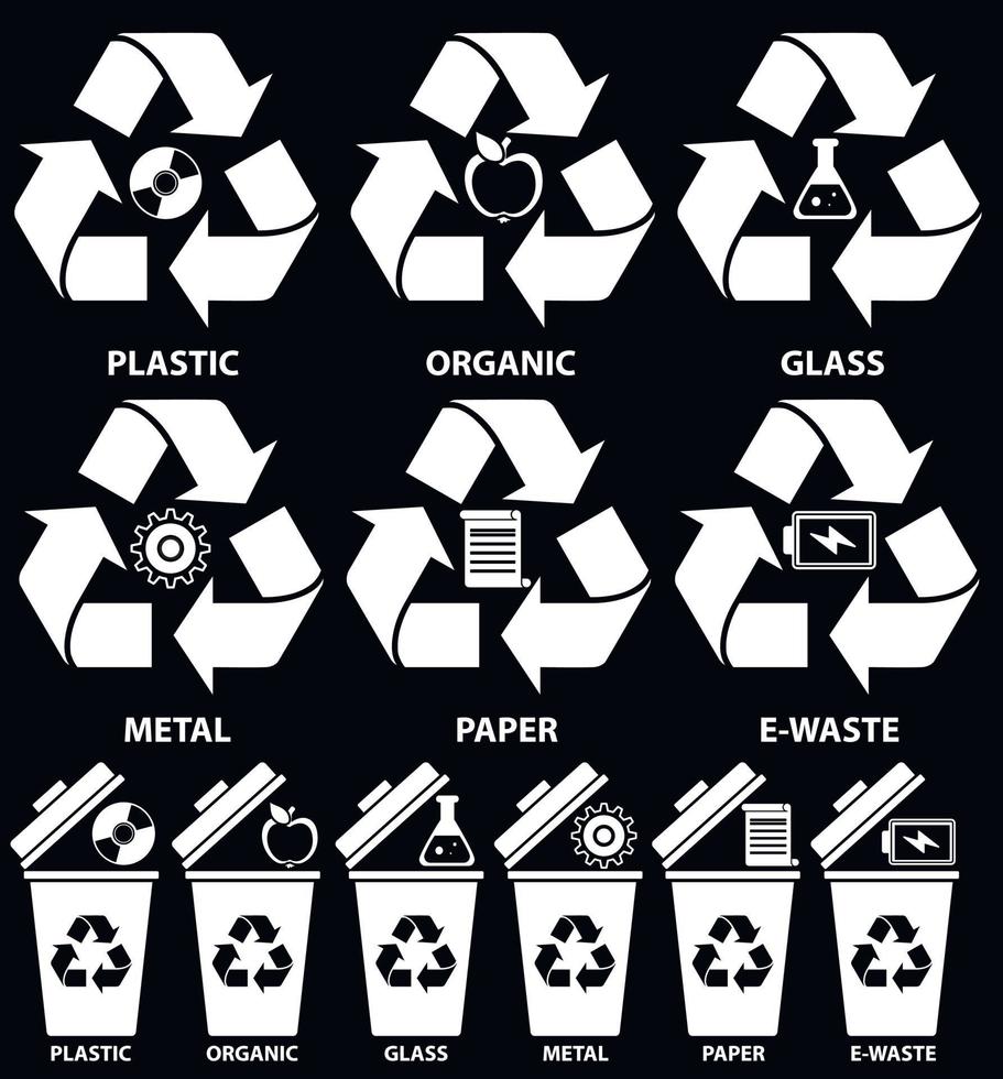 iconos de papelera con diferentes tipos de basura orgánica, plástico, metal, papel, vidrio, desechos electrónicos para el concepto de reciclaje en estilo plano aislado en fondo azul. ilustración vectorial vector