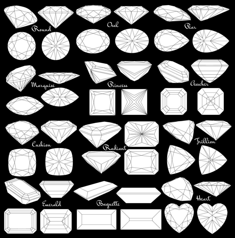 Cutting gems stones. Types of diamond cut. Four sides of jewelry with facets for background, carving and coloring. vector