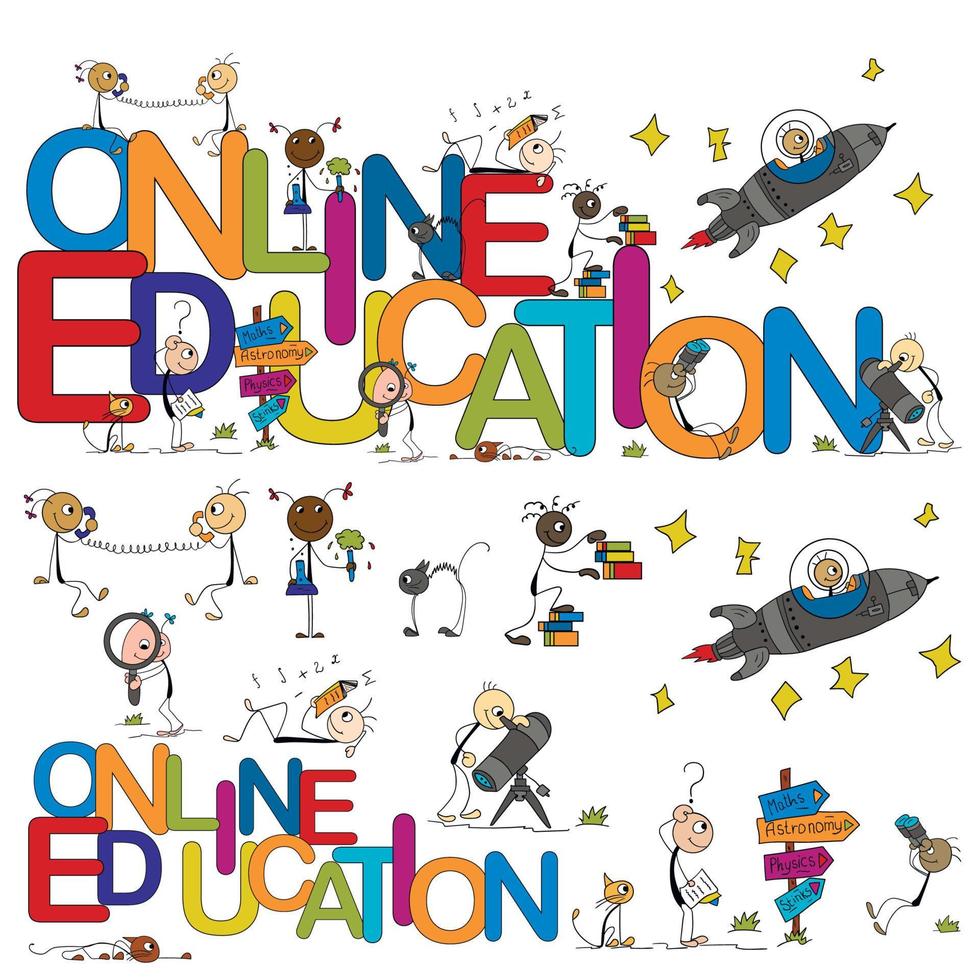 Online education. Color illustration for education with little men in different fields of study. Suitable for creating backgrounds, coloring, banners, flyers and web pages. vector