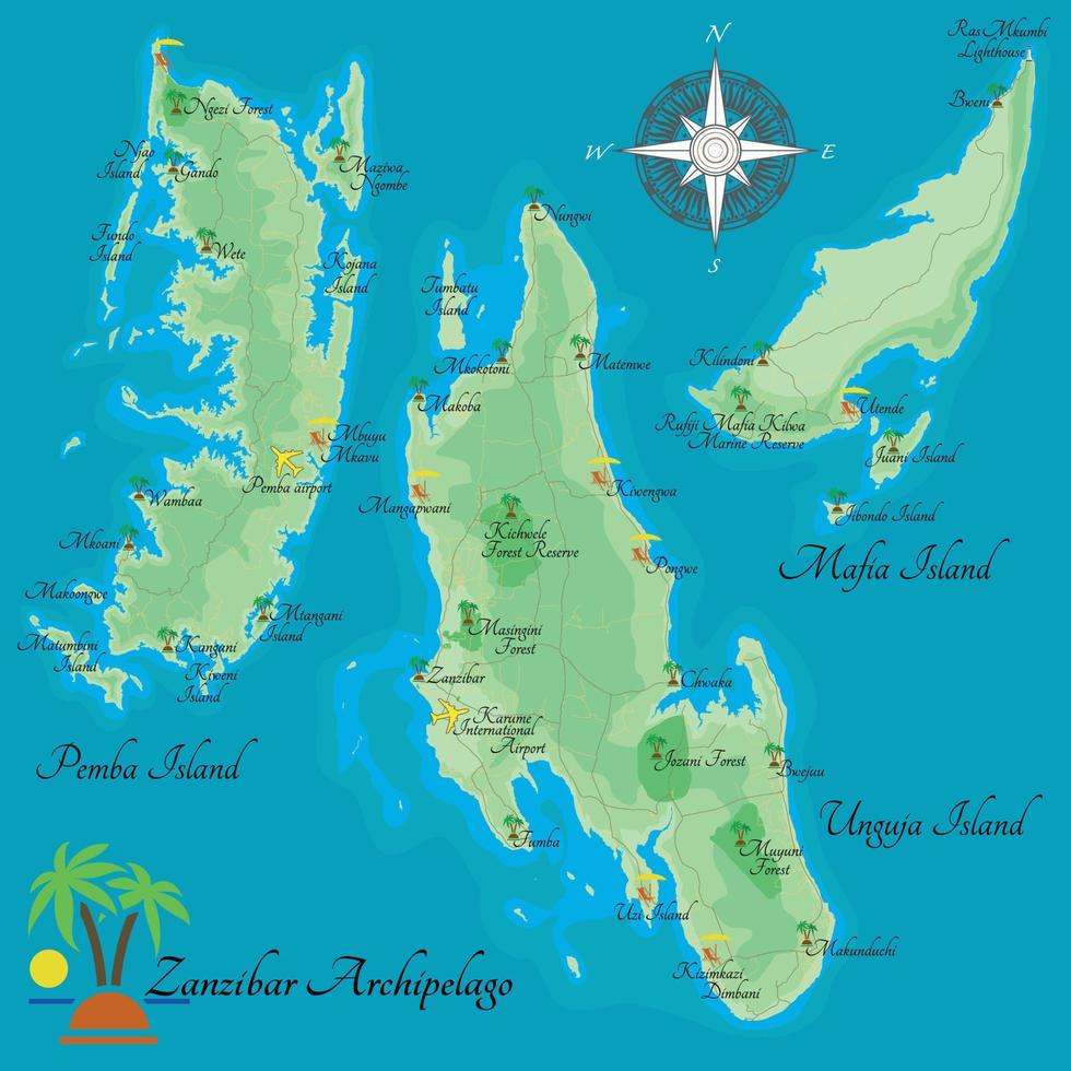 Zanzibar Archipelago. Realistic illustration of islands Unguja Island, Pemba Island, Mafia Island, semi-autonomous region of Tanzania. Tourist map. vector