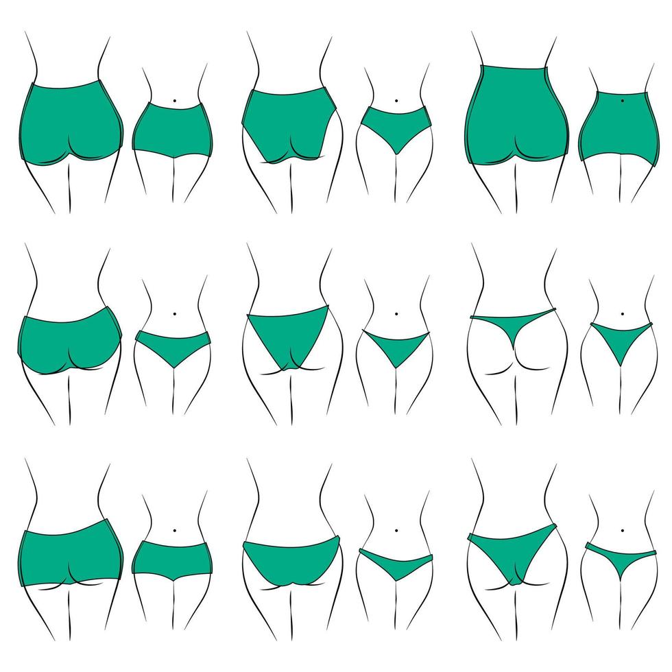 Illustration of the design and variety of women's panties. Hand-drawn lingerie models. Panties are classified into various styles based on criteria. vector