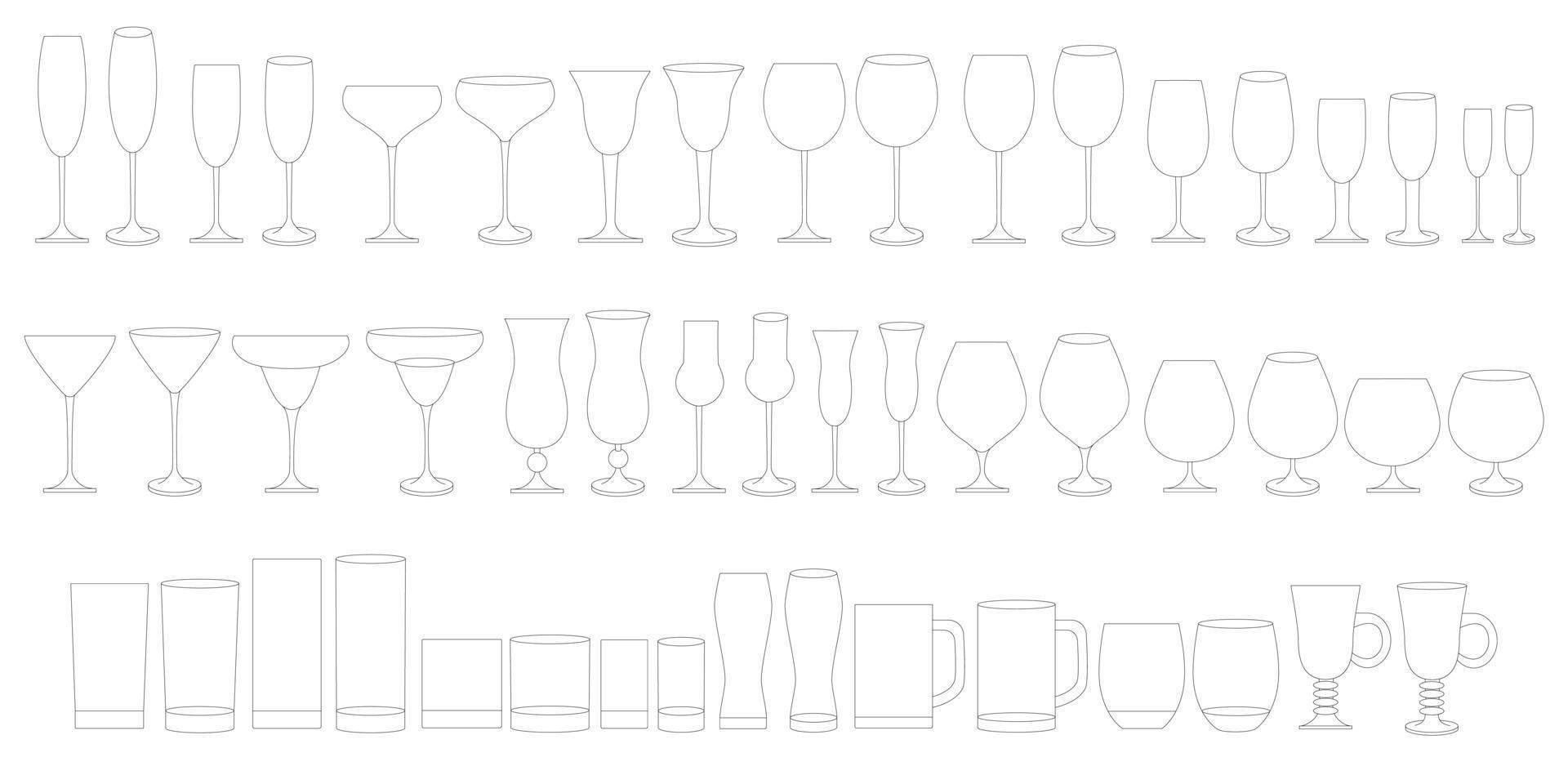 Glasses for wine, champagne, whiskey, cognac. Types of glasses for alcoholic and non-alcoholic drinks. vector