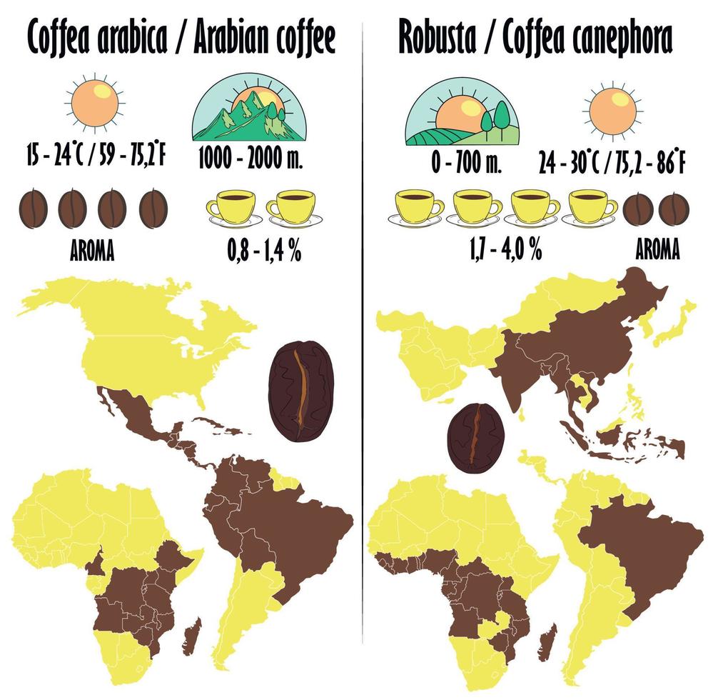 Arabica and robusta. Types of coffee with a description in the form of icons of growing, amount of caffeine, aroma, optimum temperature for maturation. Map of coffee cultivation on the world map. vector