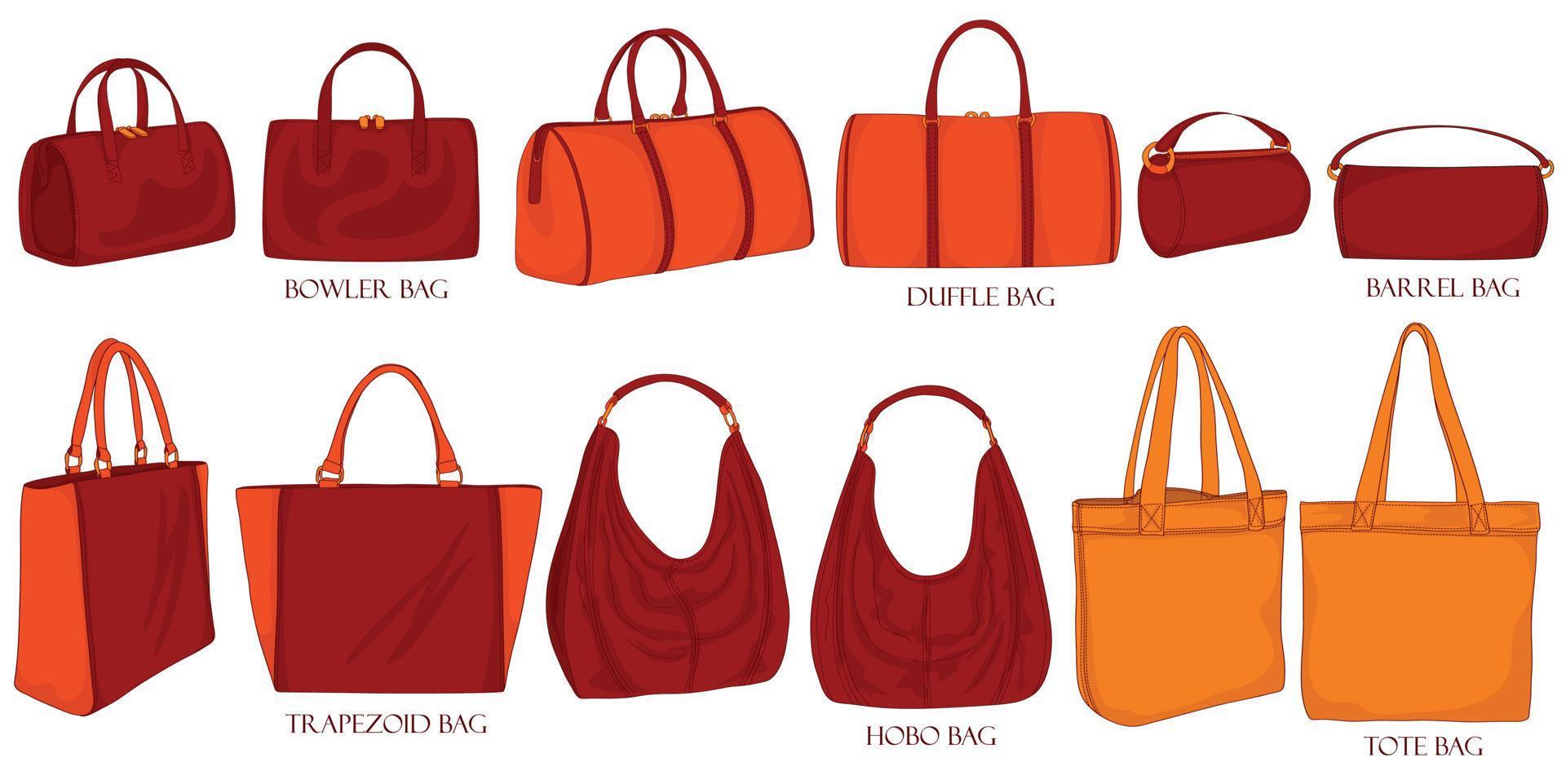 Coloring set of stylish bags. Bowling, hobo, trapezoid, duffle, barrel, tote. Collection of luxury modern accessories. vector