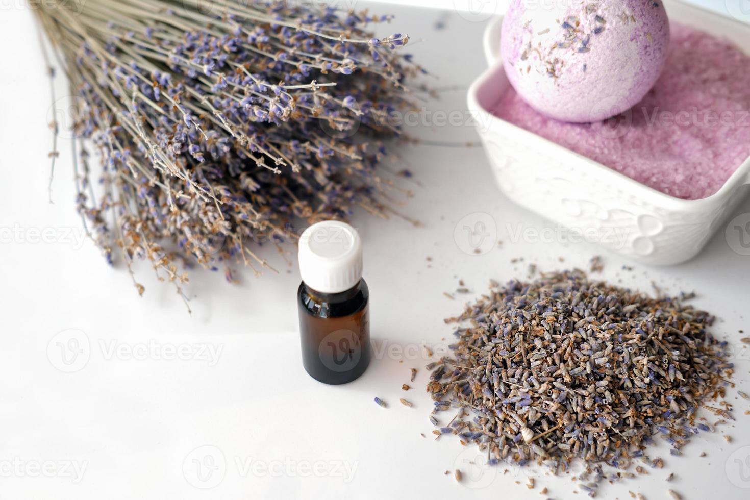lavender essential oil and dry lavender flowers with bath salt and bomb