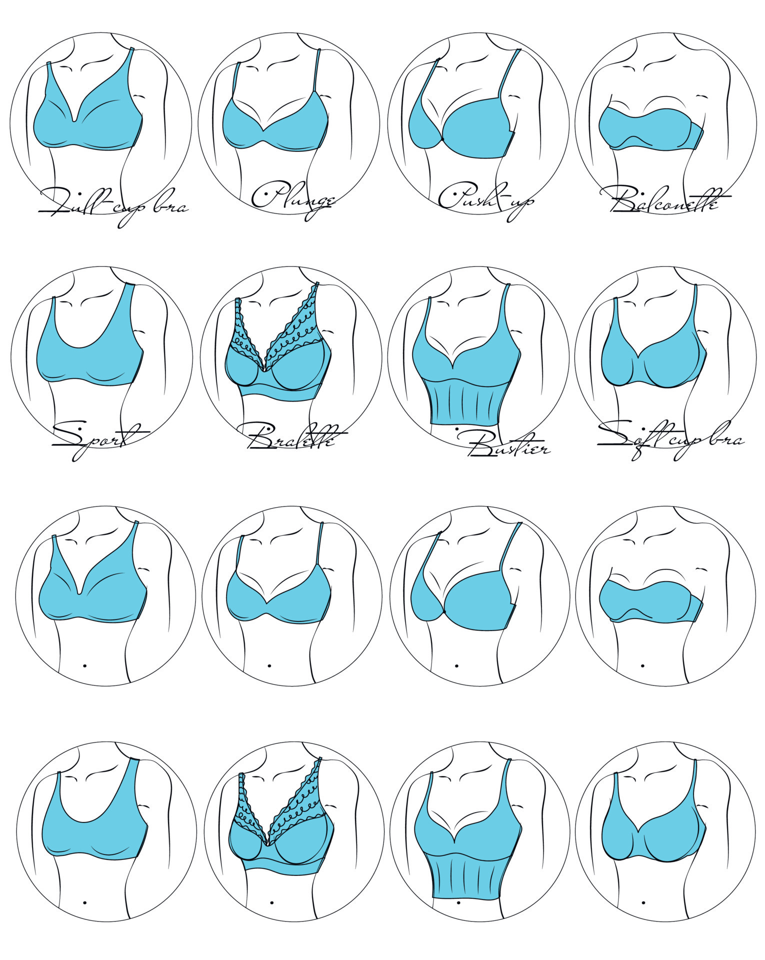 Illustration of the design and variety of women's bras in a circle.  Hand-drawn lingerie models. Brasseries are classified into various styles  based on criteria. 8382814 Vector Art at Vecteezy