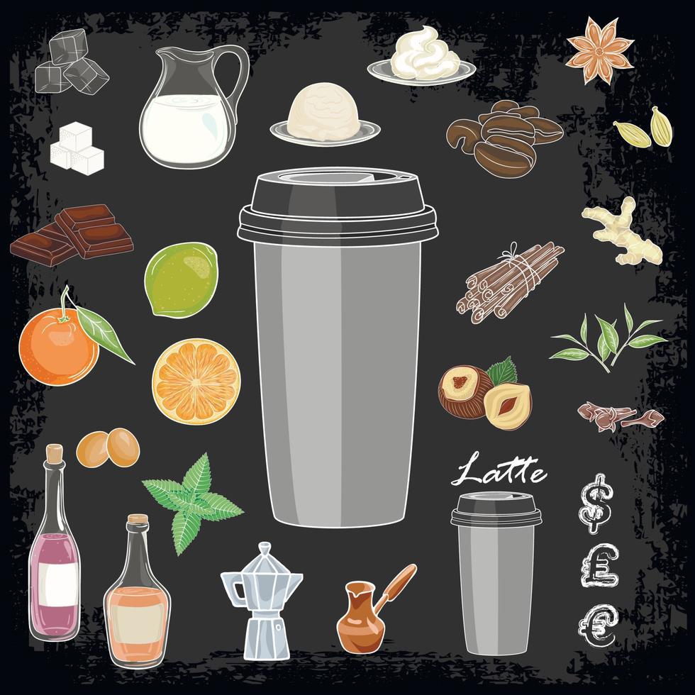 A set of ingredients for preparation of coffee recipes. Vector illustration for menu boards.
