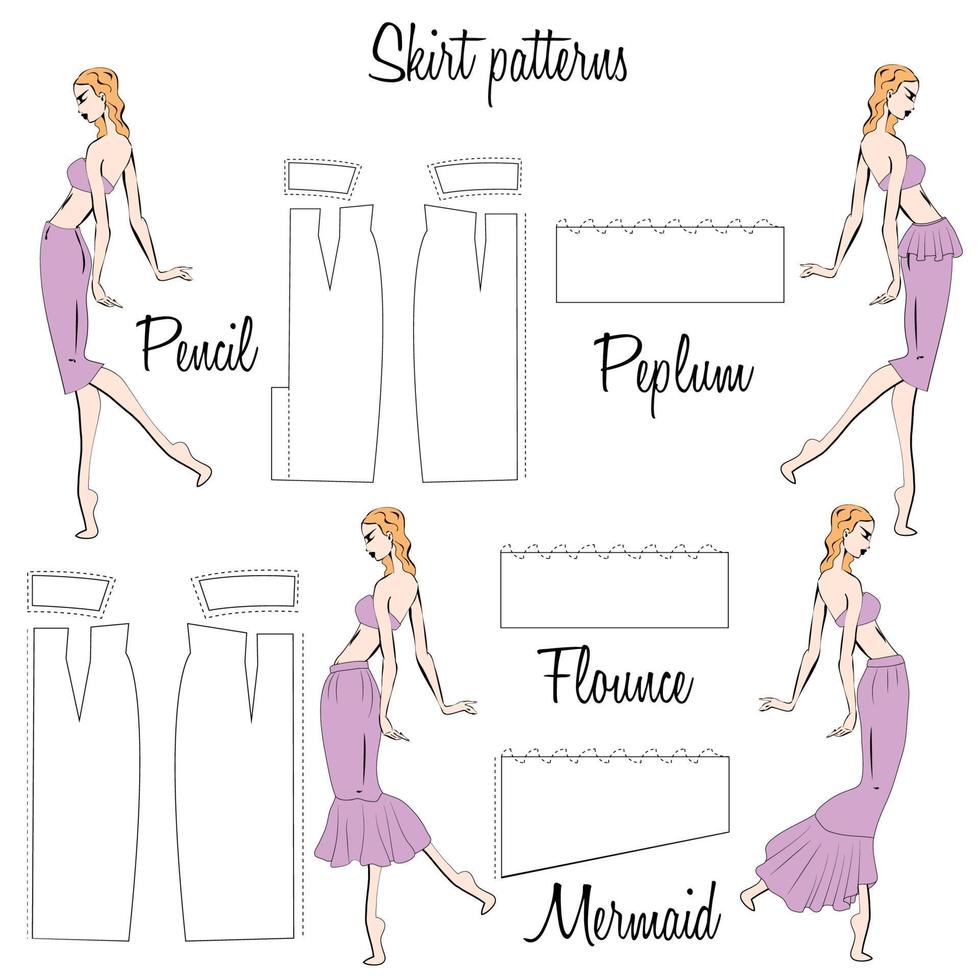 Skirt Pencil, Peplum, Flounce and Mermaid patterns. A visual representation of styles of the skirts on the figure. Illustration of the design and pattern of women's skirts. Hand-drawn models. vector