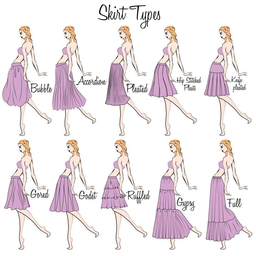 Skirt styles. A visual representation of styles of the skirts on the figure. Illustration of the design and variety of women's skirts. Hand-drawn models. vector