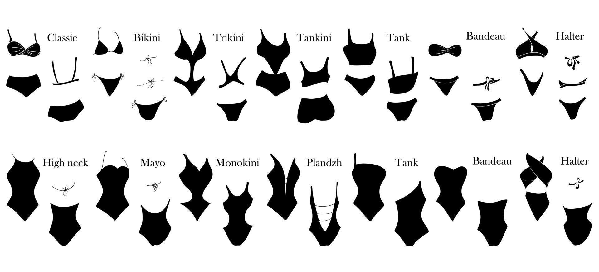 tipos de trajes de baño de mujer. ilustración de un traje de baño de una pieza y de dos piezas con un nombre y un ejemplo de una vista frontal y posterior. vector