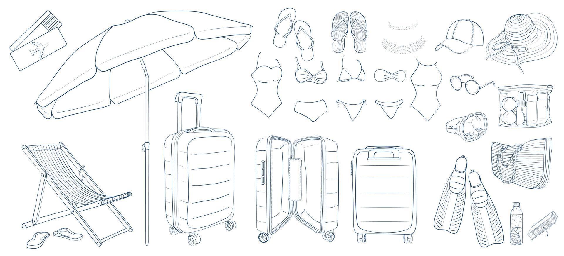 Vacation set by the sea. Outline illustration of a set for a holiday on the sea coast. vector