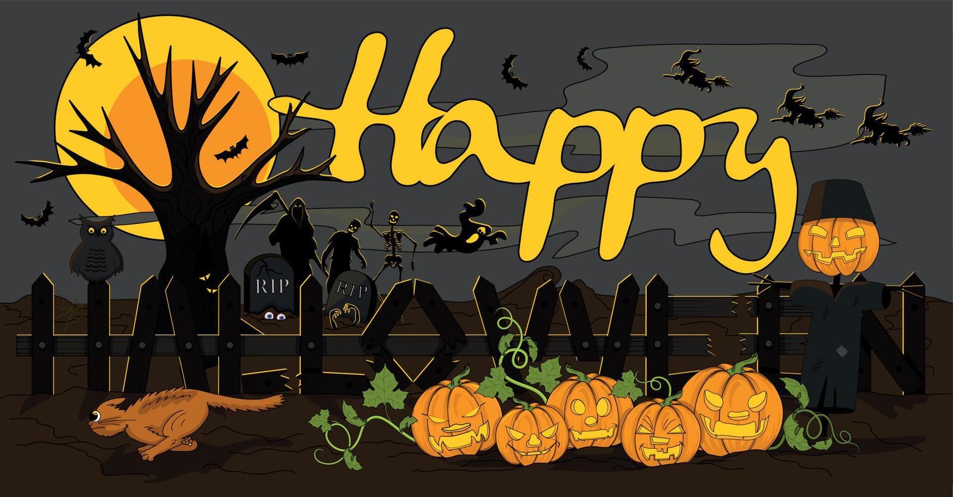 The Halloween illustration in a freehand style. Cartoon postcard. vector