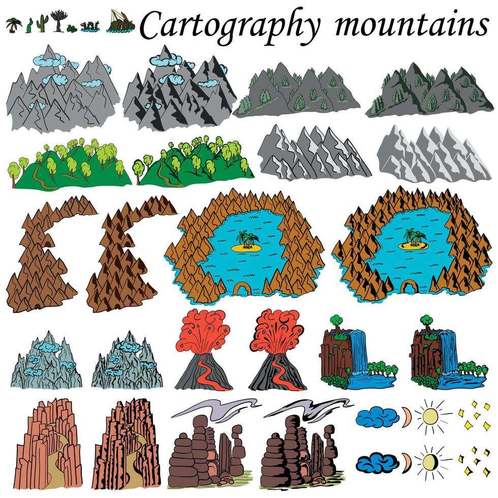 las montañas. elementos para la creación de mapas de fantasía o juegos. mar, océano y montañas con bosques, colinas. cartografía. vector