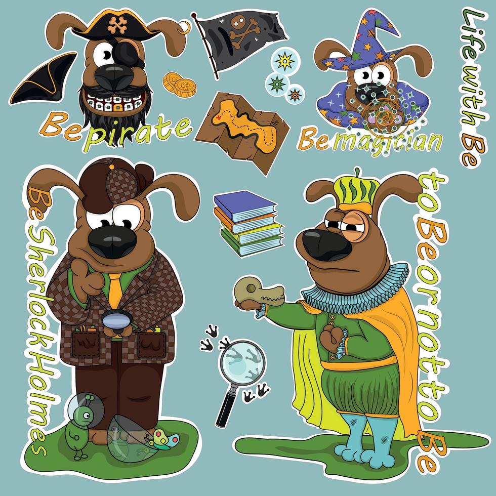 Funny illustrations from the life of a cheerful dog named Be. vector