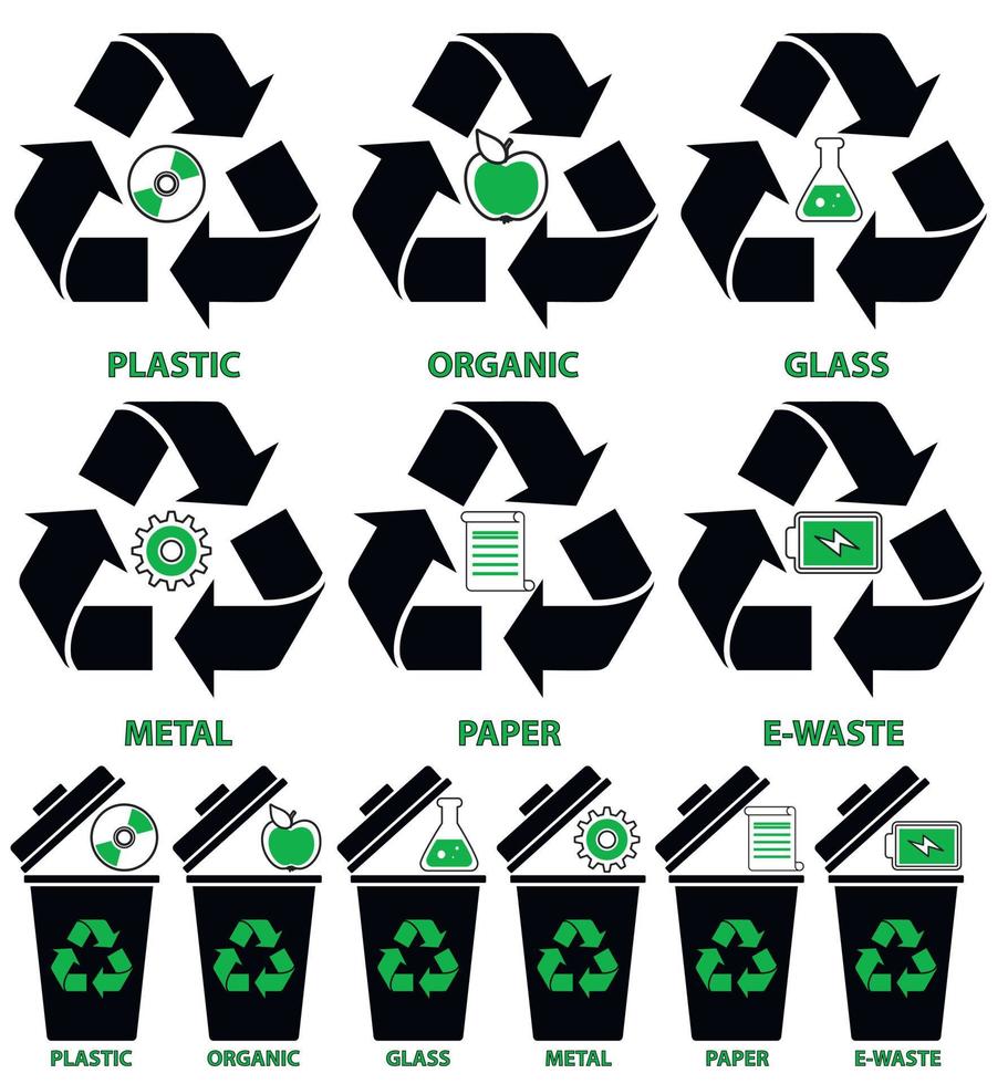 Trash can icons with different types of garbage Organic, Plastic, Metal, Paper, Glass, E-waste in flat style isolated on white background. vector