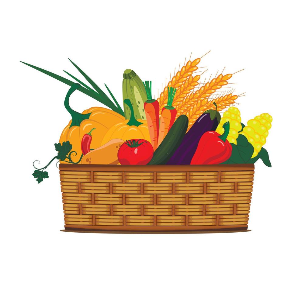Basket with vegetables. Vector illustration for agricultural and farming fairs.