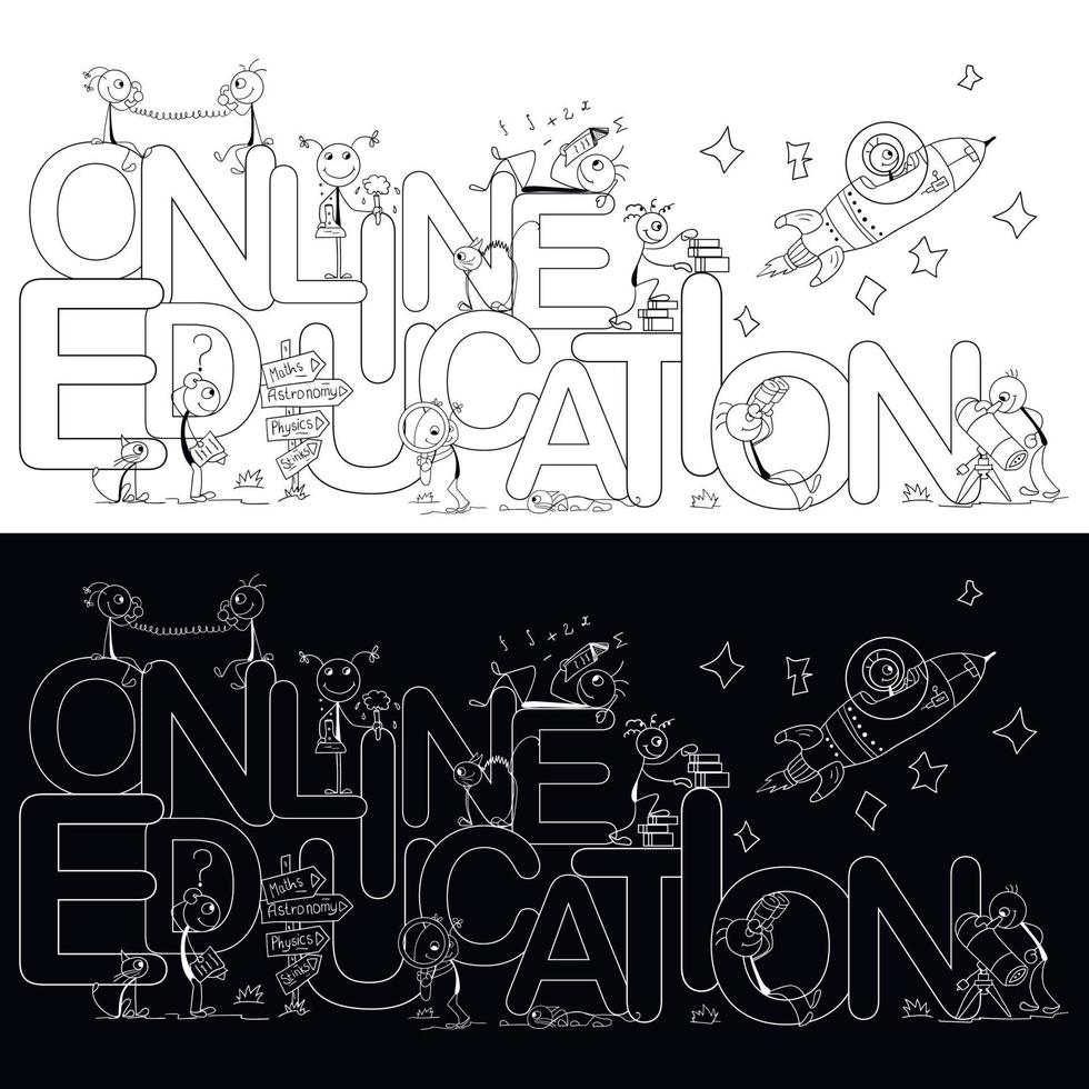 Online education. Black and white illustration for education with little men in different fields of study. Suitable for creating backgrounds, coloring, banners, flyers and web pages. vector