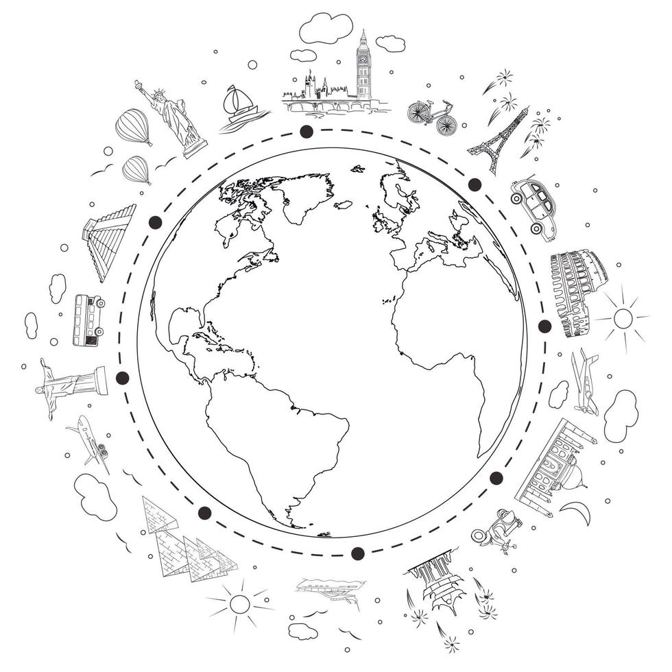 boceto de viaje en blanco y negro. tierra con atracciones y transporte de viaje. ilustración vectorial para agencia de viajes. vector