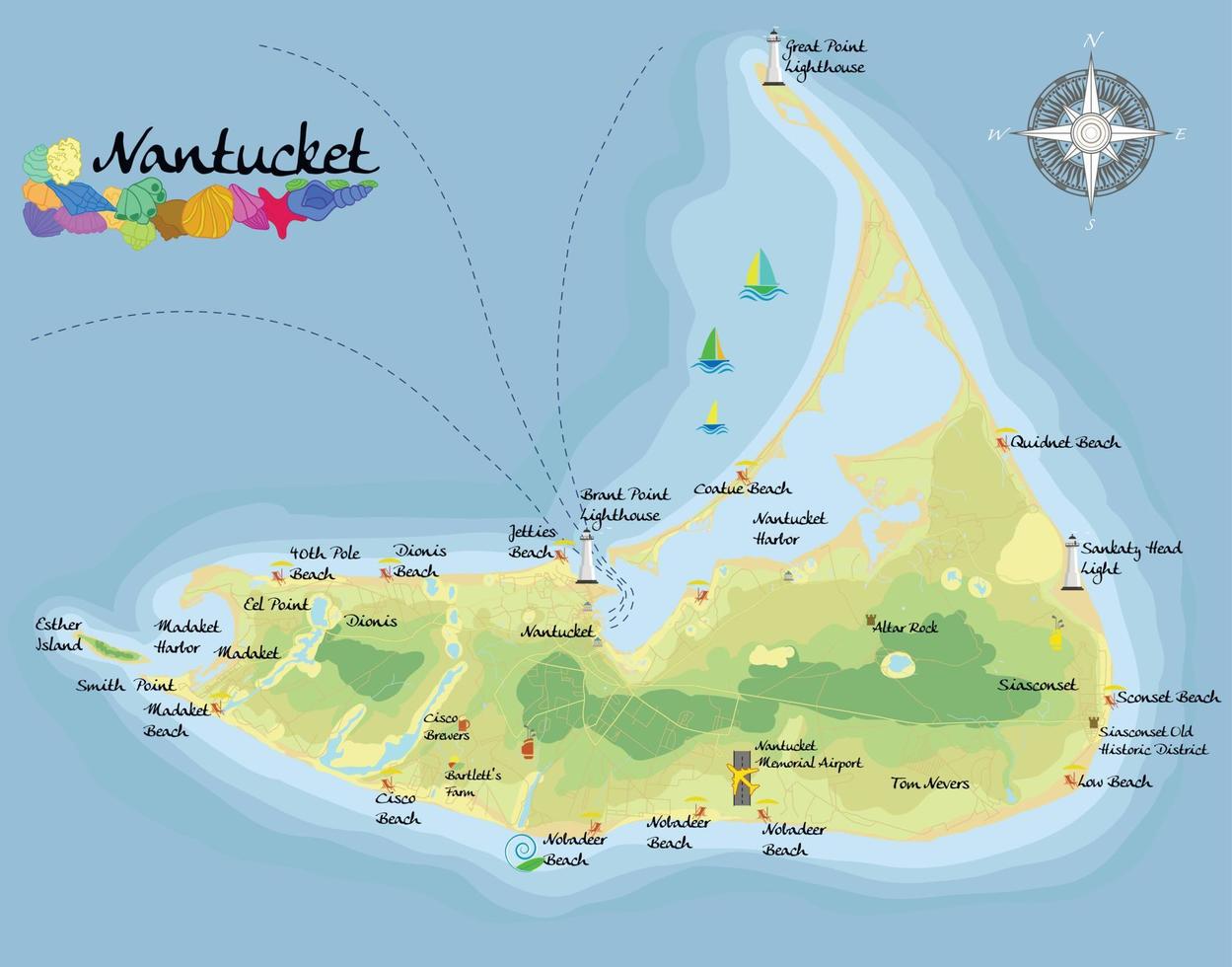 isla de nantucket. mapa de fondo satelital realista con designación de playas, lugares para descansar y entretenimientos. dibujada con precisión cartográfica. una vista de pájaro. vector