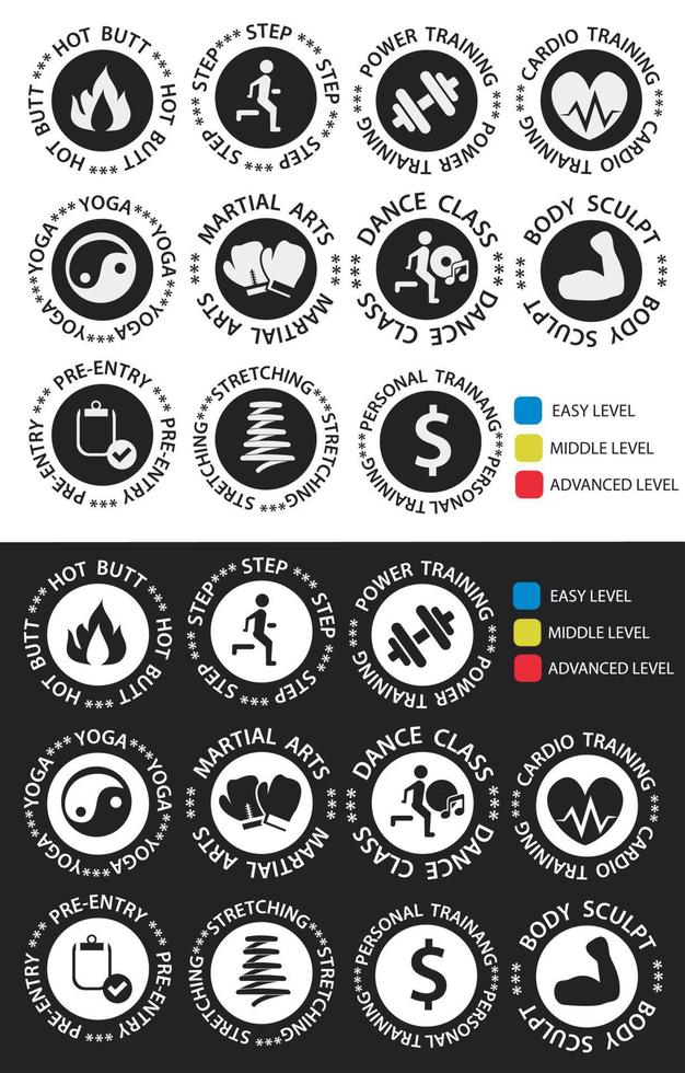 Fitness icons round with training and difficulty levels for scheduling in fitness and sports clubs. Also for use when developing websites and handouts. Set of the sports icons. vector