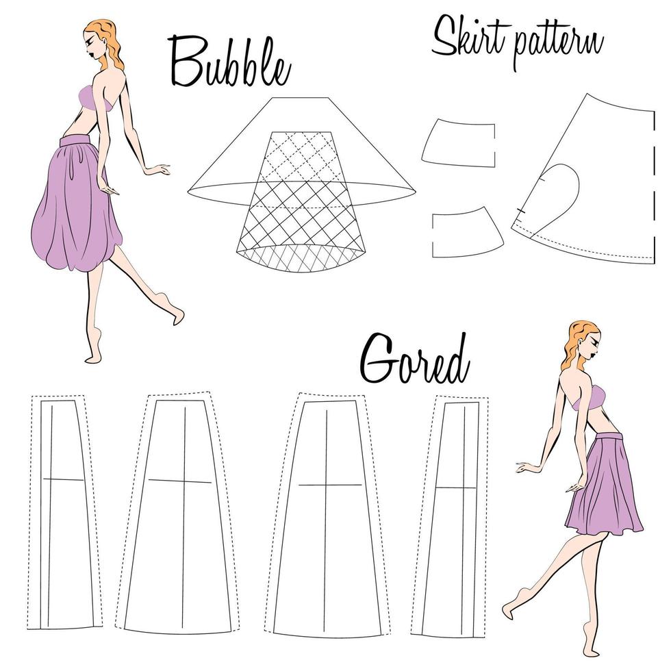 Skirt bubble and gored patterns. A visual representation of styles of the skirts on the figure. Illustration of the design and pattern of women's skirts. Hand-drawn models. vector
