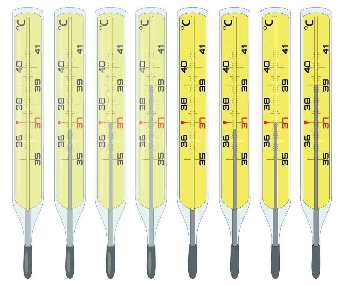 Thermometer for measuring body temperature. Celsius measurement scale. Mercury thermometer. Executed as a blank to illustrate the increase or decrease in body temperature. vector