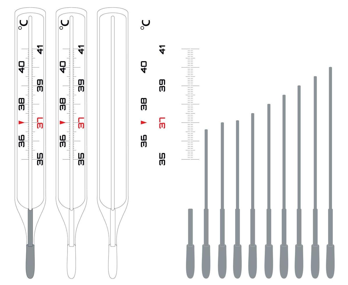 Thermometer constructor for measuring body temperature. Celsius measurement scale. Mercury thermometer. Executed as a blank to illustrate the increase or decrease in body temperature. vector