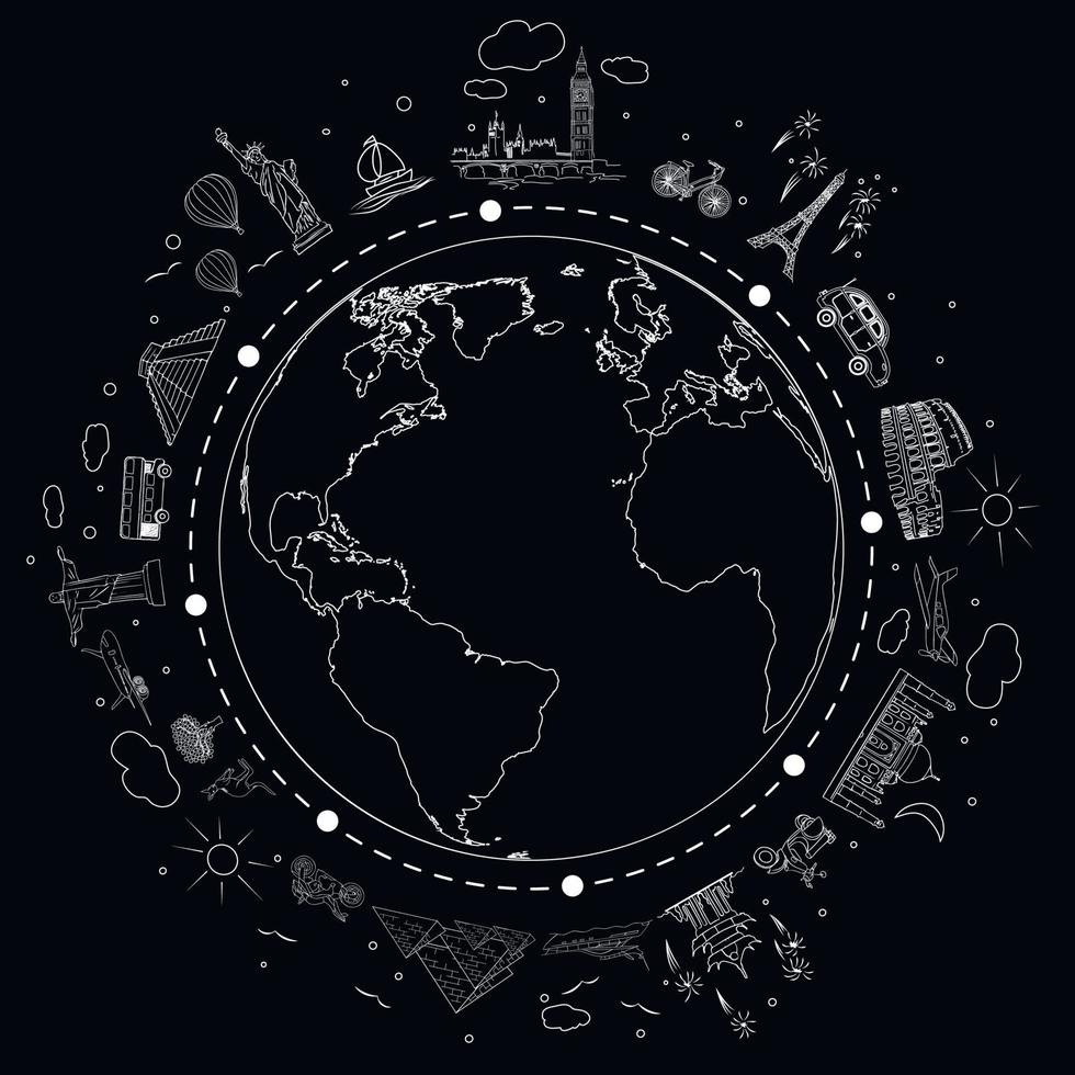 Travel white and black sketch. Earth  with attractions and trip transport. Vector illustration for travel agency and trip banner.