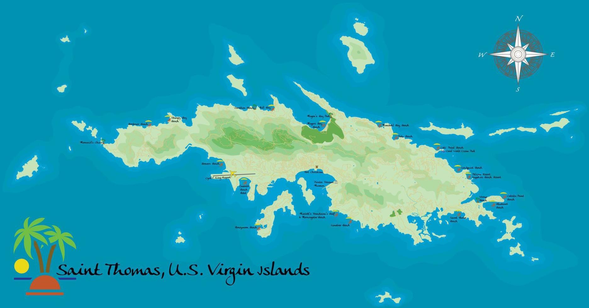 santo tomás, isla virgen de los estados unidos. mapa de fondo satelital realista con designación de playas, lugares para descansar y entretenimientos. dibujada con precisión cartográfica. una vista de pájaro. vector