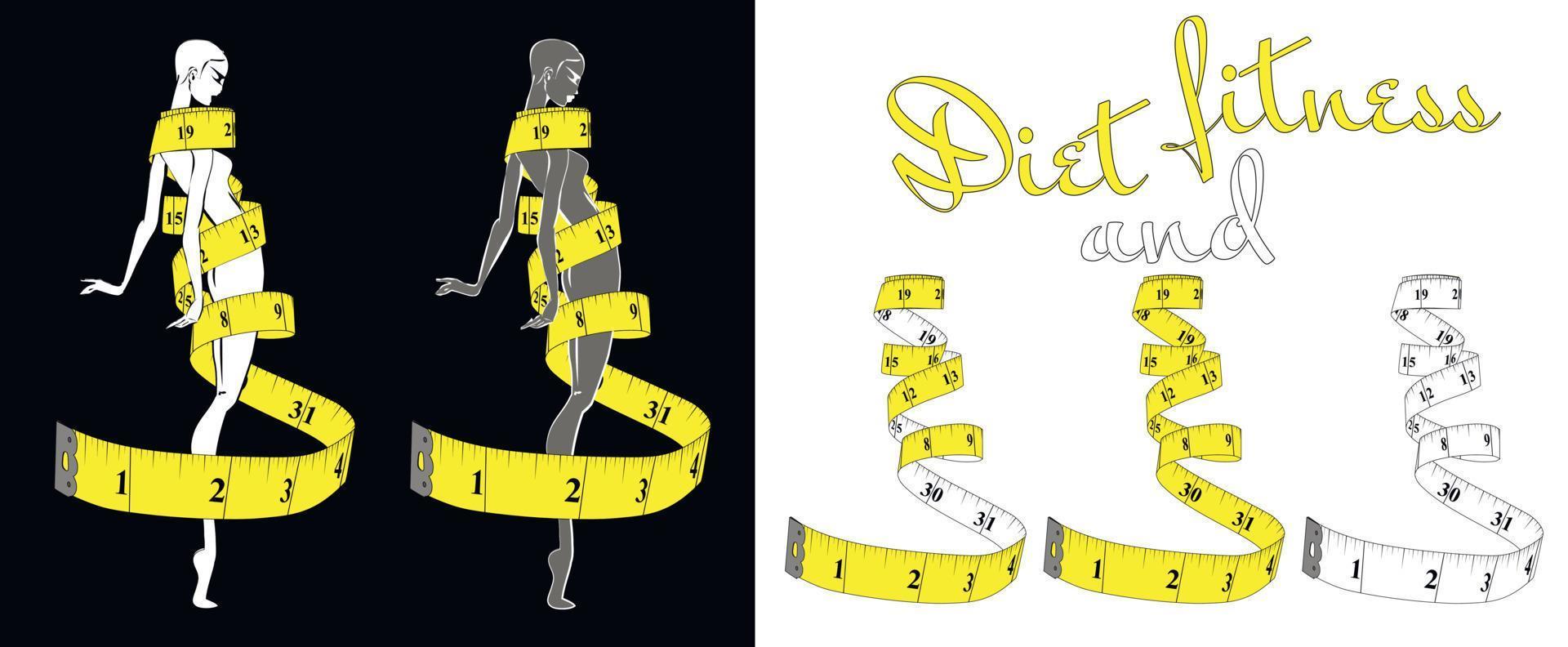 Measuring tape inch, diet theme white and yellow with high thin girl. Theme for the studio, dressmaking. Vector illustration.