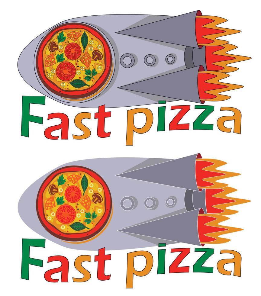 Fast pizza delivery. Illustration of services for pizzerias, restaurants, cafes, eateries. A drawing of a rocket in the porthole of which is pizza. vector